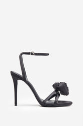 Sweet Step | Black Satin Strappy Heeled Sandals With Flowers