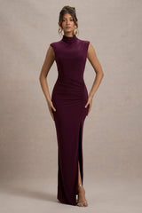 Lanetta | Plum Ruched High-Neck Maxi Dress With Split