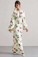 Wild Rose | Rose Print Satin Puff-Sleeve Cut-Out Maxi Dress