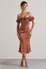 Petunia | Rust Satin Floral Bardot Midi Dress