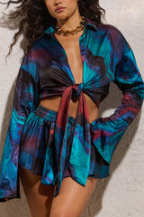 Marisela | Blue Print Satin Flared Sleeve Cropped Shirt