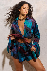 Marisela | Blue Print Satin Flared Sleeve Cropped Shirt