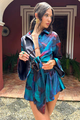 Marisela | Blue Print Satin Flared Sleeve Cropped Shirt