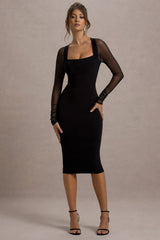Off Track | Black Bodycon Midi Dress With Sheer Sleeves