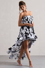 Whistler | Monochrome Floral Chiffon Bandeau High-Low Ruffled Maxi Dress