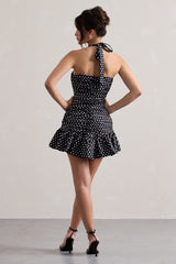 Zahra | Black & White Polka Dot Halter-Neck Ruched Mini Dress With Ruffle Hem