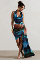 Bali | Blue Blur Print Satin Cowl-Neck Draped Midi Dress