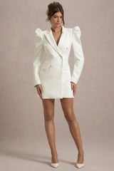 Landon | Off-White Tailored Blazer Mini Dress With Puff Sleeves