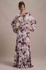 Althena | Cream Floral Print Balloon-Sleeve Maxi Dress