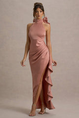 Maureen | Pink Satin High-Neck Draped Maxi Dress