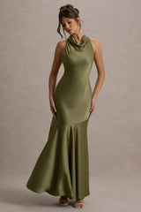 Amelita | Khaki Satin Cowl-Neck Maxi Dress