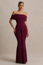 Envisioned | Burgundy Bardot-Neck Maxi Dress With Gathered And Drape Detail
