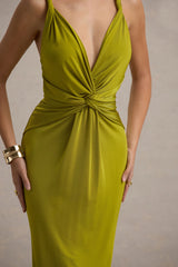 Santez | Green Twisted Plunge-Neck Maxi Dress