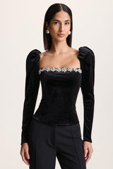 Tazmin | Black Velvet Embellished Square-Neck Top