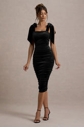 Tarna | Black Velvet Midi Dress With Bow Straps