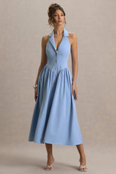 Samsara | Light Blue Plunge-Neck Collared Midi Dress