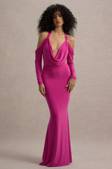Hurghada | Hot Pink Plunge-Neck Long-Sleeve Maxi Dress