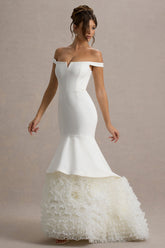 The Greatest | White & Cream Bardot Maxi Dress With Tulle Skirt