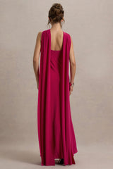 Ariana | Pink Cross-Neck Maxi Dress With Cape
