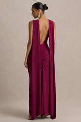Premiere | Burgundy Boat-Neck Maxi Dress With Open-Back And Cape-Sleeves