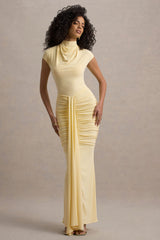 Lorenza | Pale Lemon High-Neck Ruched Maxi Dress With Draped Skirt