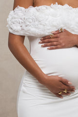 Inflorescence | White Mesh Floral Bardot Maternity Maxi Dress