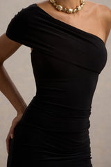 Alethea | Black Asymmetric Bardot Maxi Dress