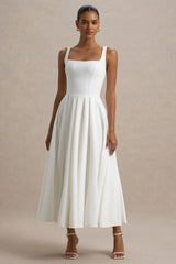 Parina | White Strappy Volume-Hem Midi Dress