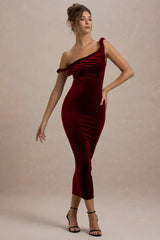 Carella | Berry Velvet Twisted Asymmetric Midi Dress
