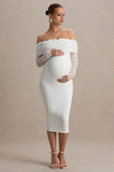 Adita | White Mesh Floral Bardot Maternity Midi Dress