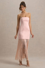 Trinity | Blush Pink Satin Bandeau Maxi Dress With Fringe
