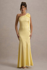 Here For Love | Pale Lemon Satin Asymmetric Maxi Dress With Bow