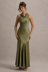 Amelita | Khaki Satin Cowl-Neck Maxi Dress