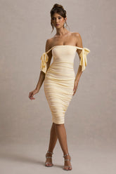 Citrus | Pale Lemon Bardot Bodycon Midi Dress With Bow Sleeves