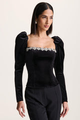 Tazmin | Black Velvet Embellished Square-Neck Top