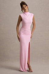Lanetta | Pink Ruched High-Neck Maxi Dress With Split