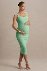 Lisbon | Light Green Maternity Square Neck Ruched Midi Dress