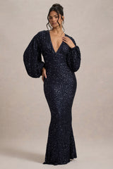 Kaelin | Navy Sequin Plunge-Neck Maxi Dress