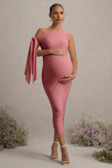 Katarine | Pink Asymmetric Knot Maternity Midi Dress
