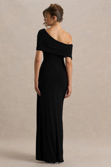 Dynasty | Black Asymmetric-Neck Maxi Dress With Ruched Detailing And Front High-Split