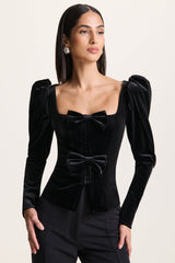 Suzu | Black Velvet Puff-Sleeve Top With Bows