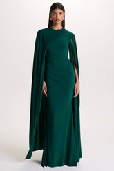 Magdelena | Bottle Green Asymmetric Cape Maxi Dress