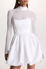 Tinkerbell | White Satin Long-Sleeve Puffball Mini Dress