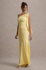 Here For Love | Pale Lemon Satin Asymmetric Maxi Dress With Bow