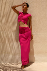 Pia | Hot Pink Short-Sleeve Maxi Dress With Cut-Out