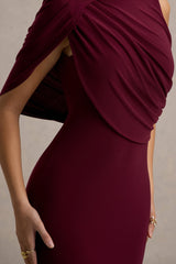 Rae | Burgundy Maxi Dress With One-Sleeve Cape