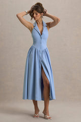 Samsara | Light Blue Plunge-Neck Collared Midi Dress