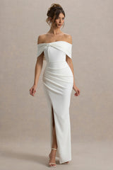 Eva | White Bardot Bow Detail Maxi Dress With Thigh Split