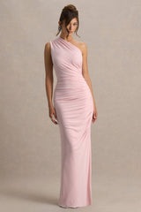 Daphne | Pink Asymmetric-Neck Maxi Dress With Ruched Detailing
