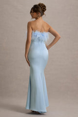 Dress For It | Powder Blue Satin Feather Trim Bandeau Maxi Dress